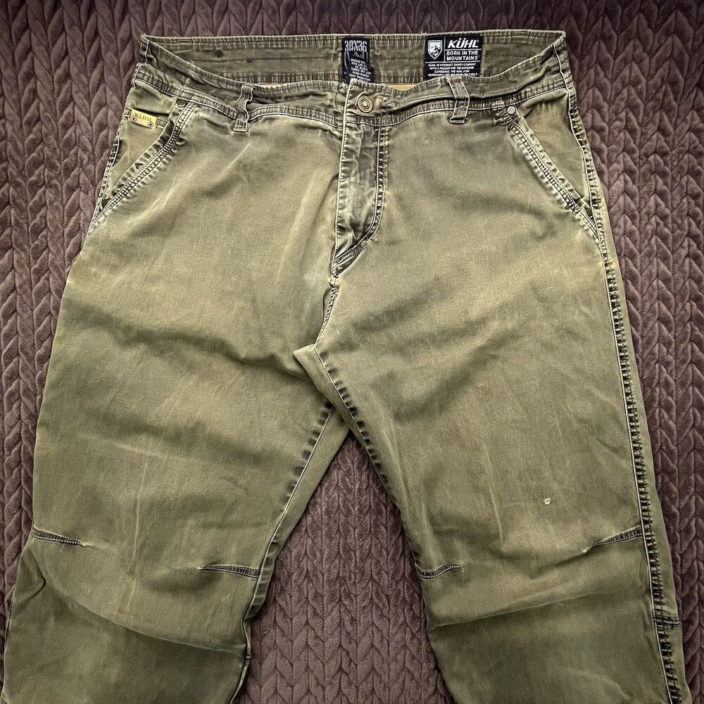 KUHL SLACKR Pants Mens 38x36 (Fits 38x35) Green Outdoor Cargo Articulated Knees